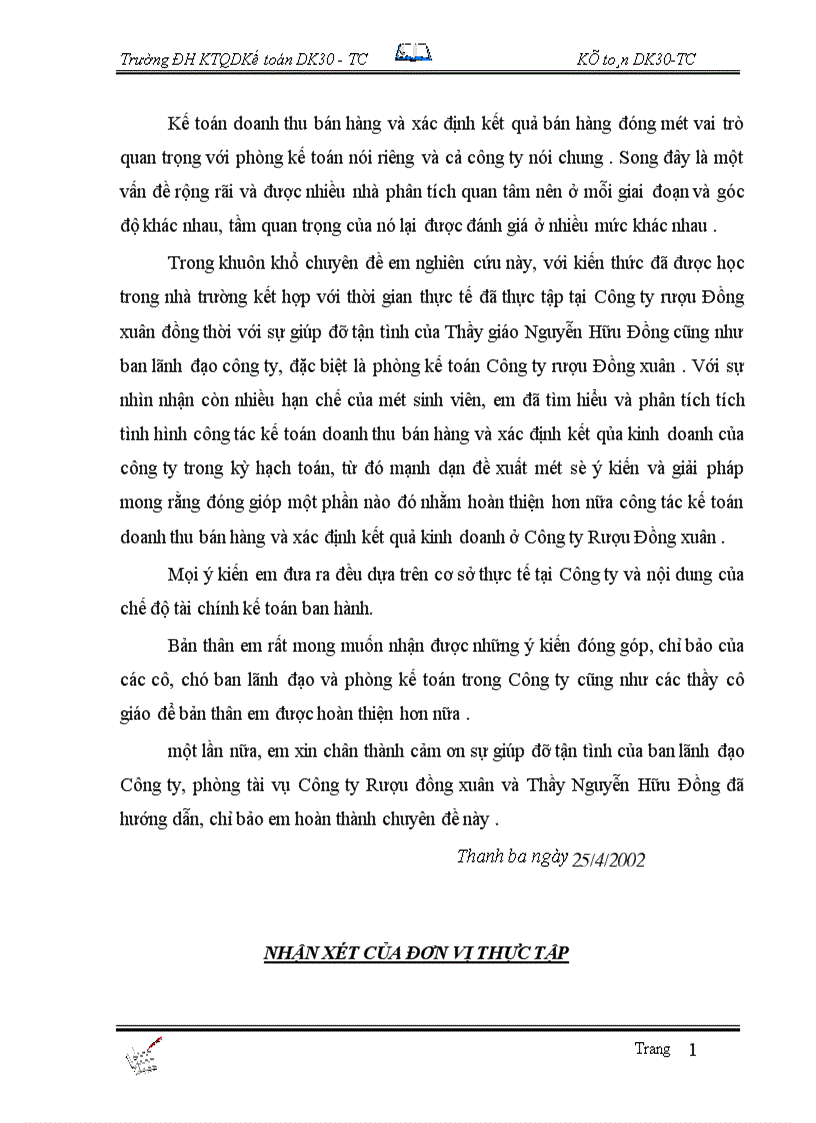 image for page Tổ chức công tác kế toán bán hàng và xác định kết quả tại Công Ty Rượu Đồng xuân 1