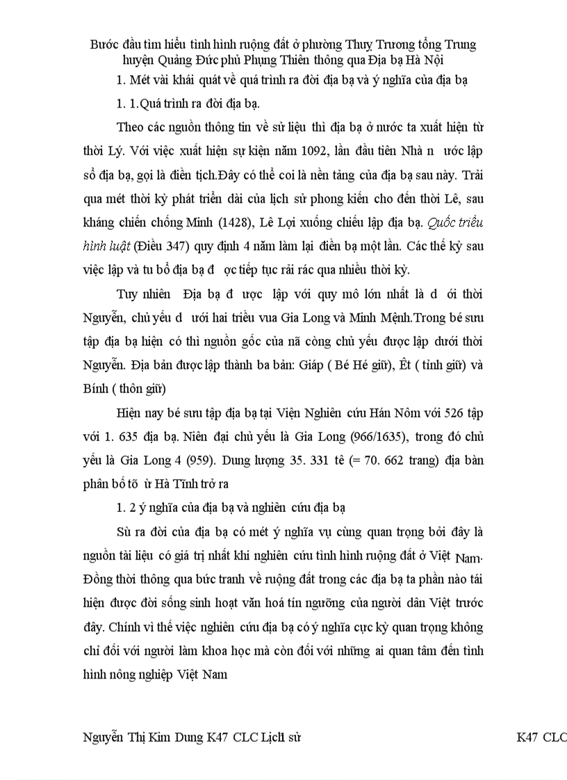 image for page Bước đầu tìm hiểu tình hình ruộng đất ở phường Thuỵ Trương tổng Trung huyện Quảng Đức phủ Phụng Thiên thông qua Địa bạ Hà Nội 1