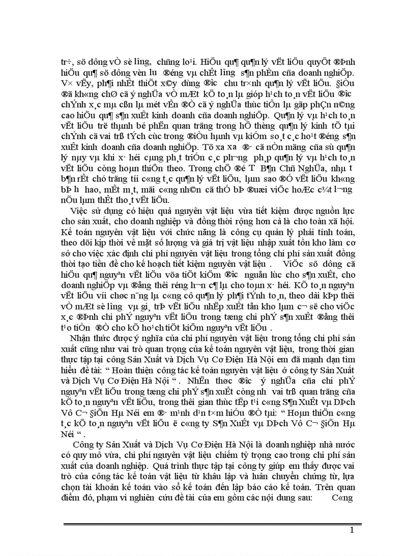 Hoàn thiện công tác kế toán nguyên vật liệu ở công ty Sản Xuất và Dịch Vụ Cơ Điện Hà Nội 1