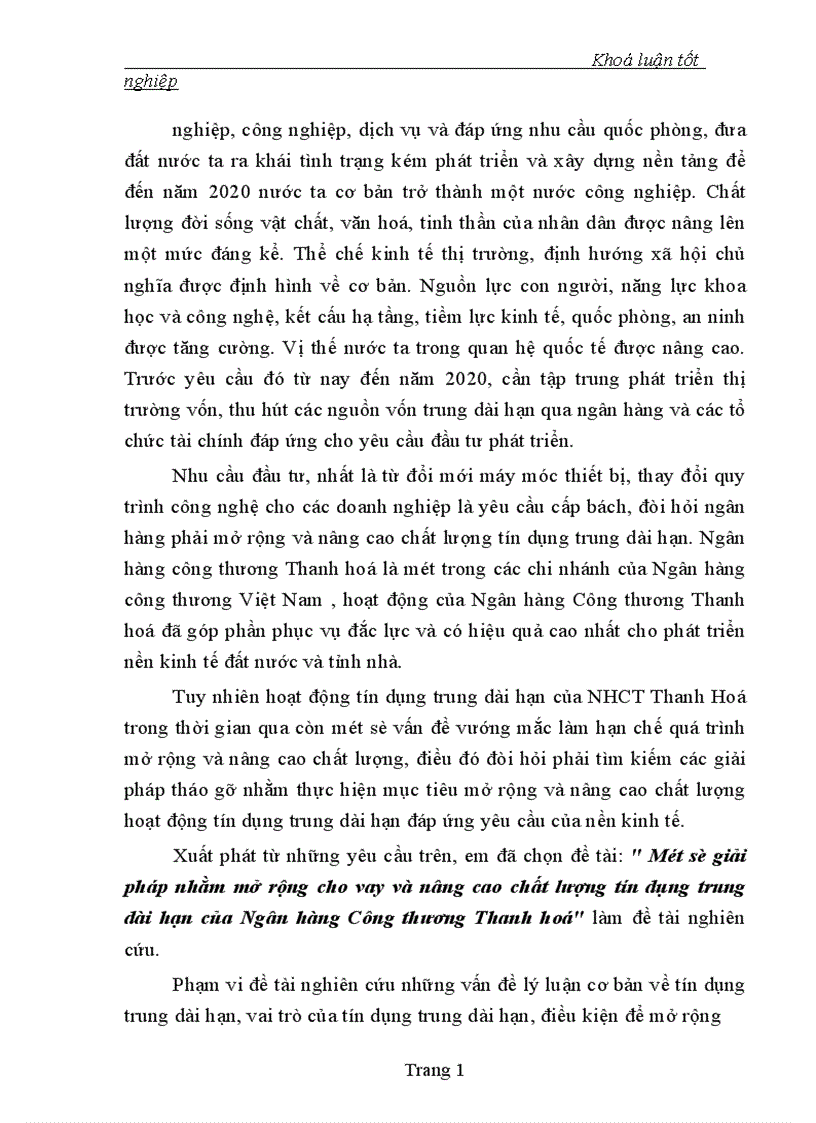 Một số giải pháp nhằm mở rộng cho vay và nâng cao chất lượng tín dụng trung dài hạn của Ngân hàng Công thương Thanh hoá 1