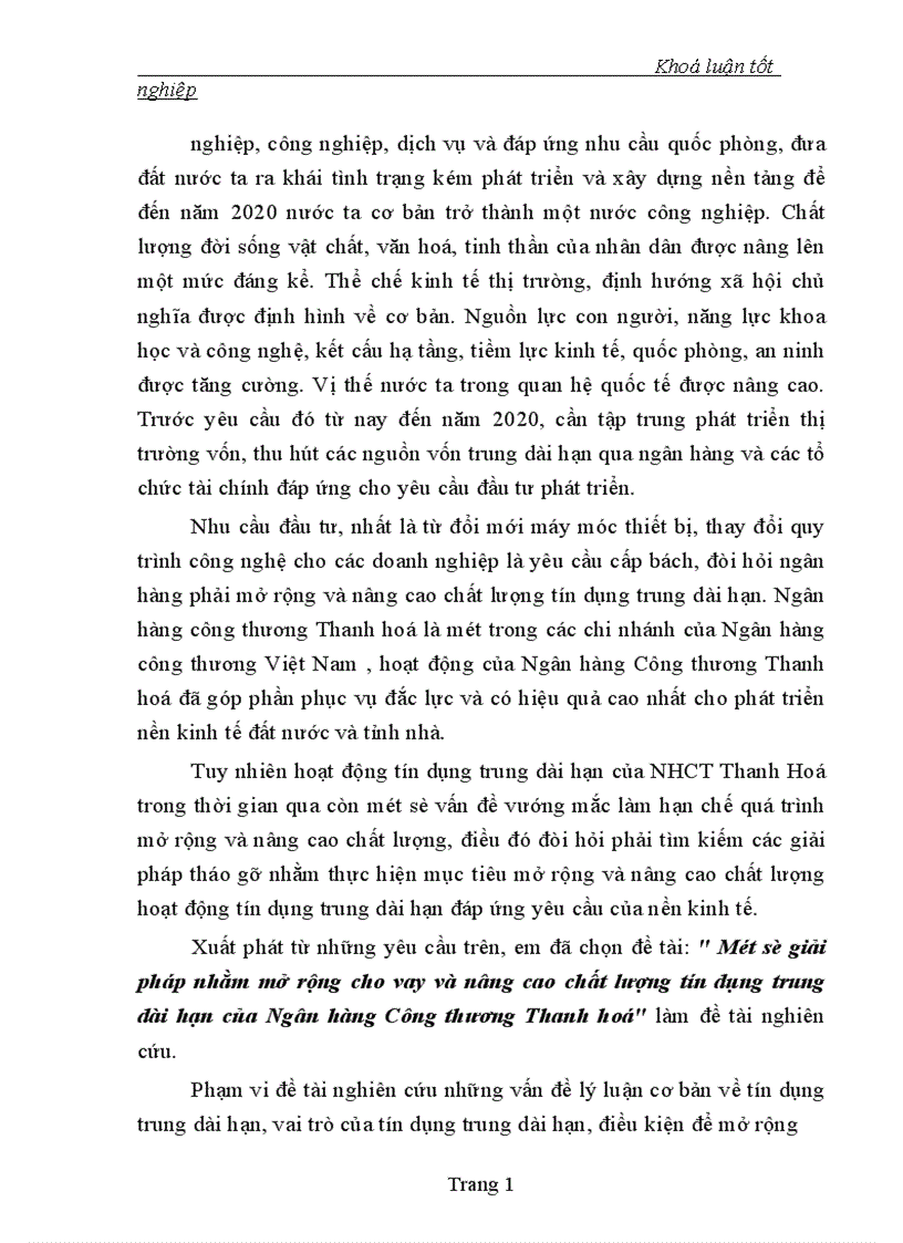 image for page Một số giải pháp nhằm mở rộng cho vay và nâng cao chất lượng tín dụng trung dài hạn của Ngân hàng Công thương Thanh hoá 1