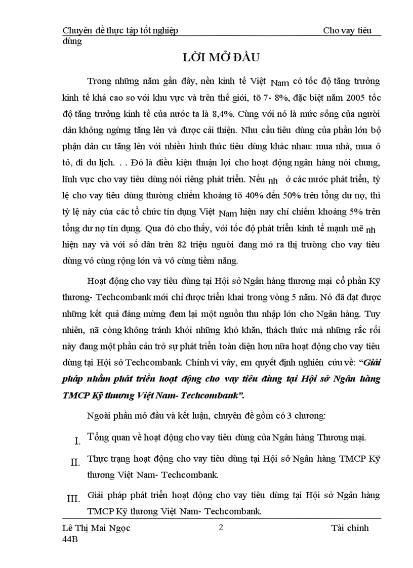 Giải pháp nhằm phát triển hoạt động cho vay tiêu dùng tại Hội sở Ngân hàng TMCP Kỹ thương Việt Nam Techcombank 1