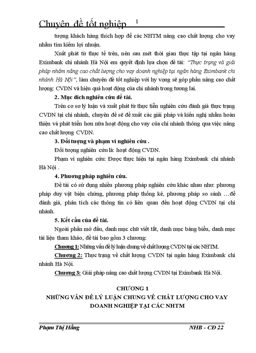 Thực trạng và giải pháp nhằm nâng cao chất lượng cho vay doanh nghiệp tại ngân hàng Eximbank chi nhánh Hà Nội