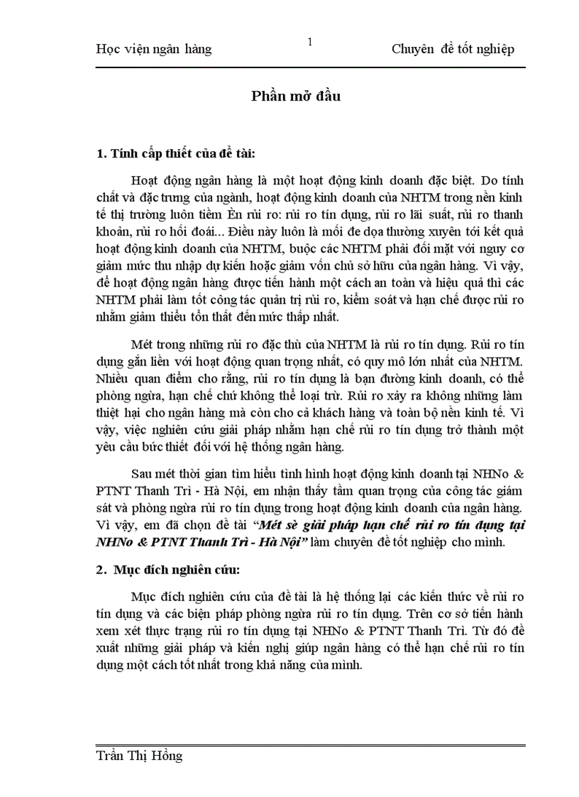 Một số giải pháp hạn chế rủi ro tín dụng tại NHNo PTNT Thanh Trì Hà Nội 1