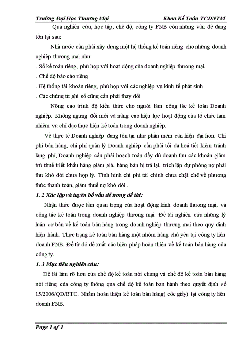 Hoàn thiên phương pháp kế toán nghiệp vụ bán hàng nhóm hàng chủ yếu cốc giấy tại công ty liên doanh FNB chi nhánh Hà Nội 1