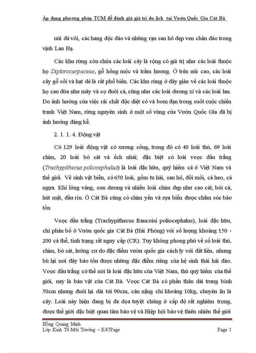 image for page Áp dụng phương pháp TCM để đánh giá giá trị du lịch tại Vườn Quốc Gia Cát Bà tp Hải Phòng 1