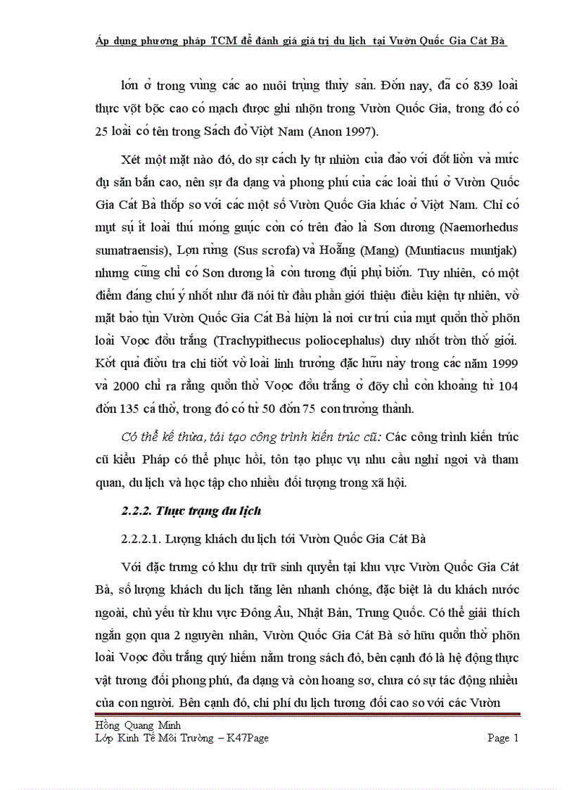 image for page Áp dụng phương pháp TCM để đánh giá giá trị du lịch tại Vườn Quốc Gia Cát Bà tp Hải Phòng 1