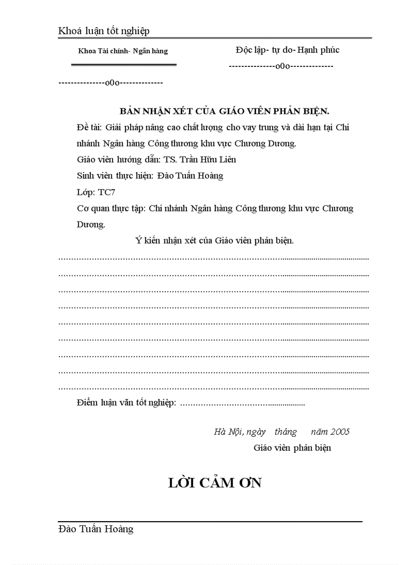 image for page Giải pháp nâng cao chất lượng cho vay trung và dài hạn tại Chi nhánh Ngân hàng Công thương khu vực Chương Dương 1