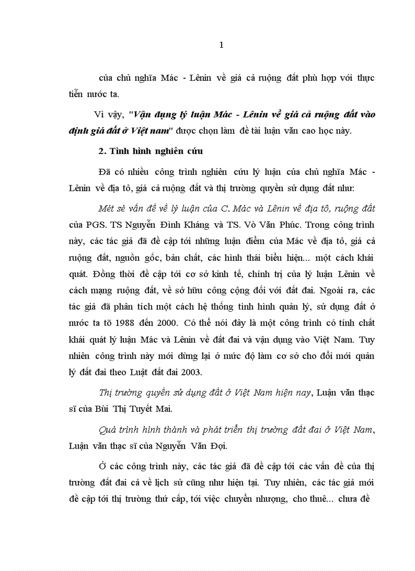 Vận dụng lý luận Mác Lênin về giá cả ruộng đất vào định giá đất ở Việt nam 1