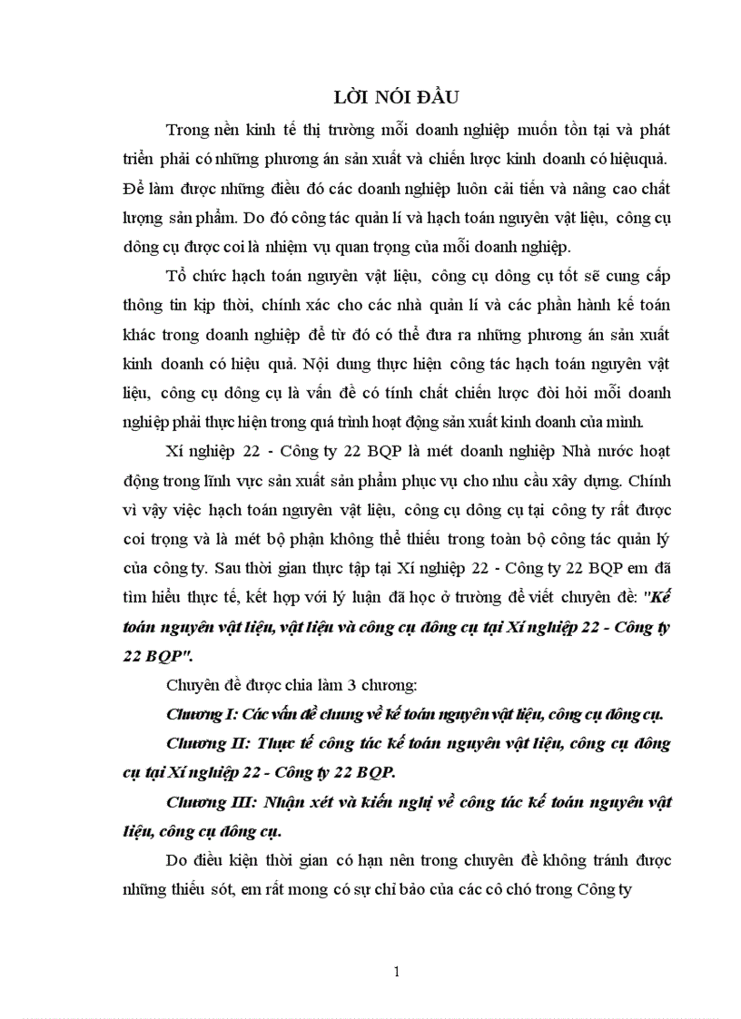 image for page Kế toán nguyên vật liệu vật liệu và công cụ dụng cụ tại Xí nghiệp 22 Công ty 22 BQP 1