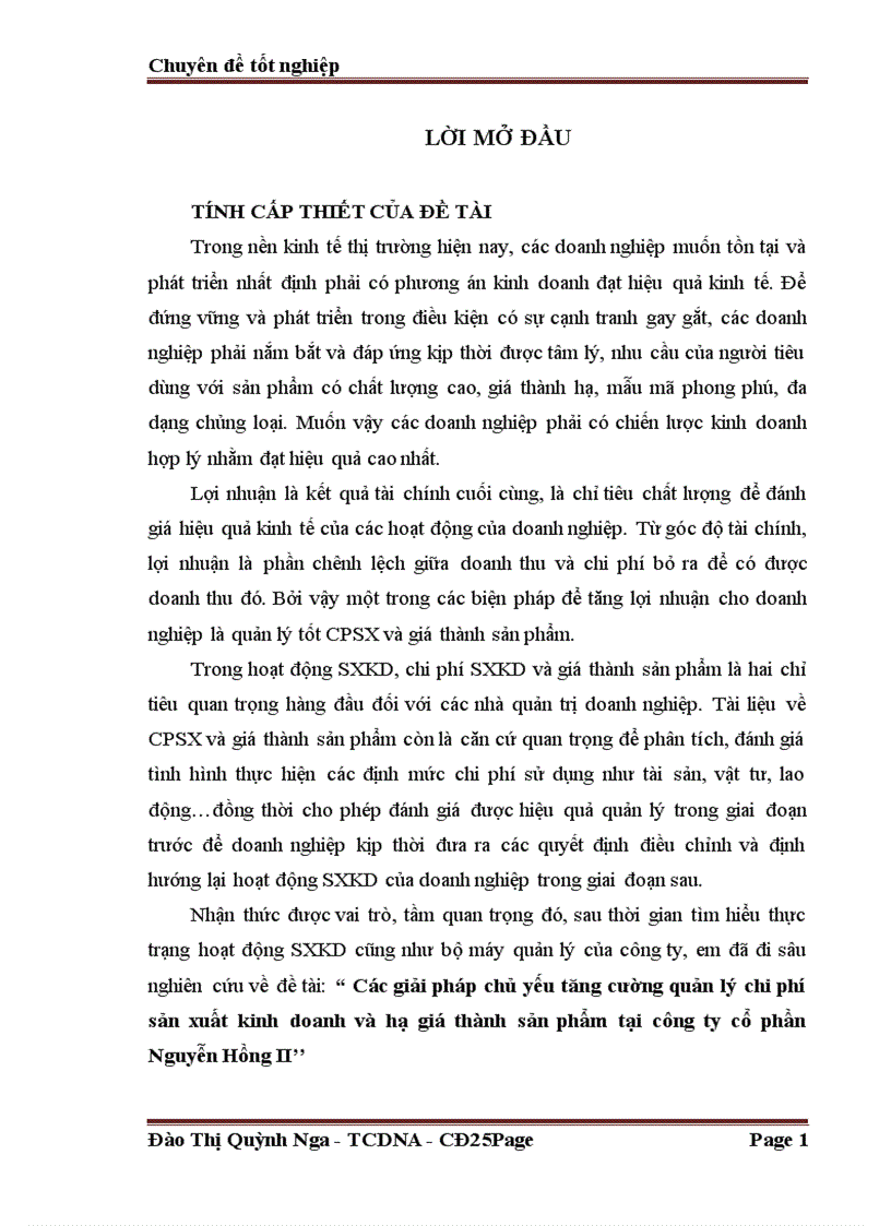 Các giải pháp chủ yếu tăng cường quản lý chi phí sản xuất kinh doanh và hạ giá thành sản phẩm tại công ty cổ phần Nguyễn Hồng II 1