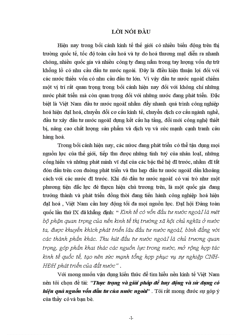 Thực trạng và giải pháp để huy động và sử dụng có hiệu quả nguồn vốn đầu tư của nước ngoài 1