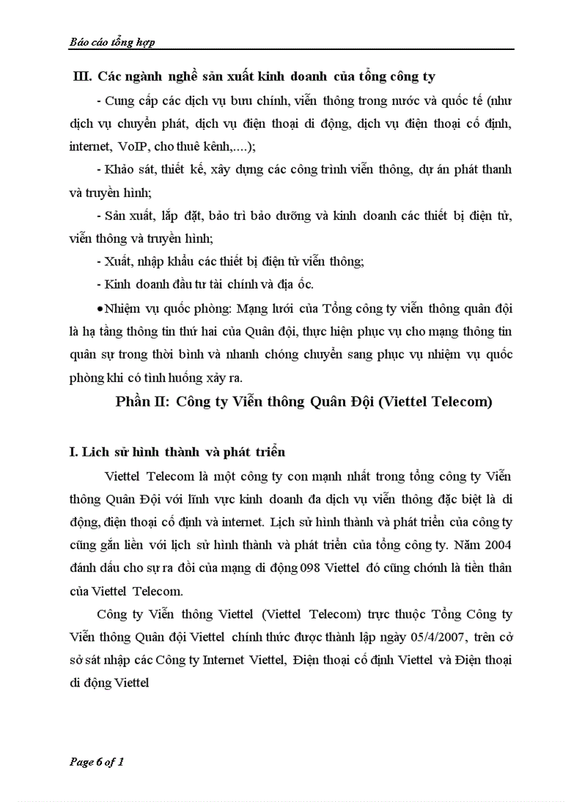 image for page Báo cáo tổng hợp về tổng công ty Viễn thông Quân Đội Viettel và công ty Viễn thông Quân Đội Viettel Telecom