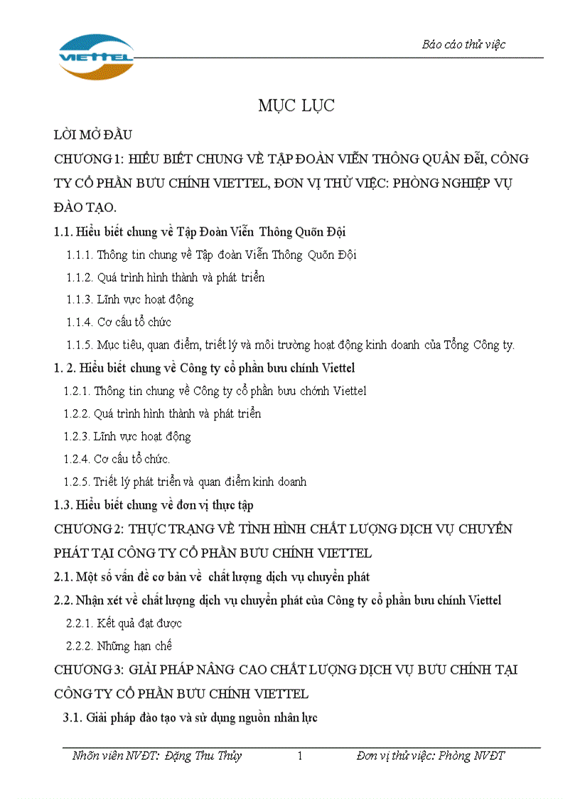 Giải pháp nâng cao chất lượng dịch vụ chuyển phát tại Công ty Cổ phần bưu chính VIETTEL 1