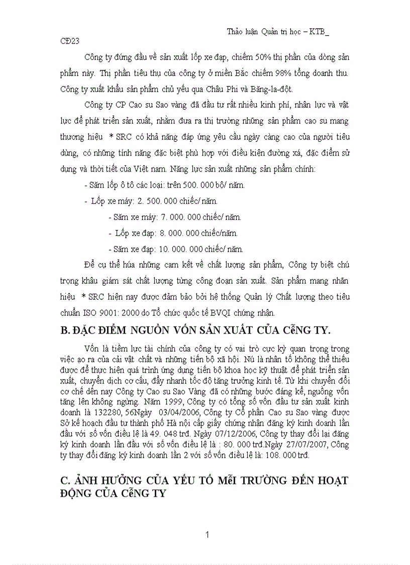 image for page Thảo luận Quản trị học tại Công ty cổ phần cao su sao vàng