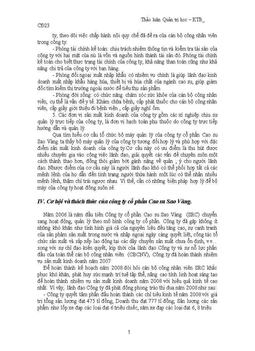 image for page Thảo luận Quản trị học tại Công ty cổ phần cao su sao vàng