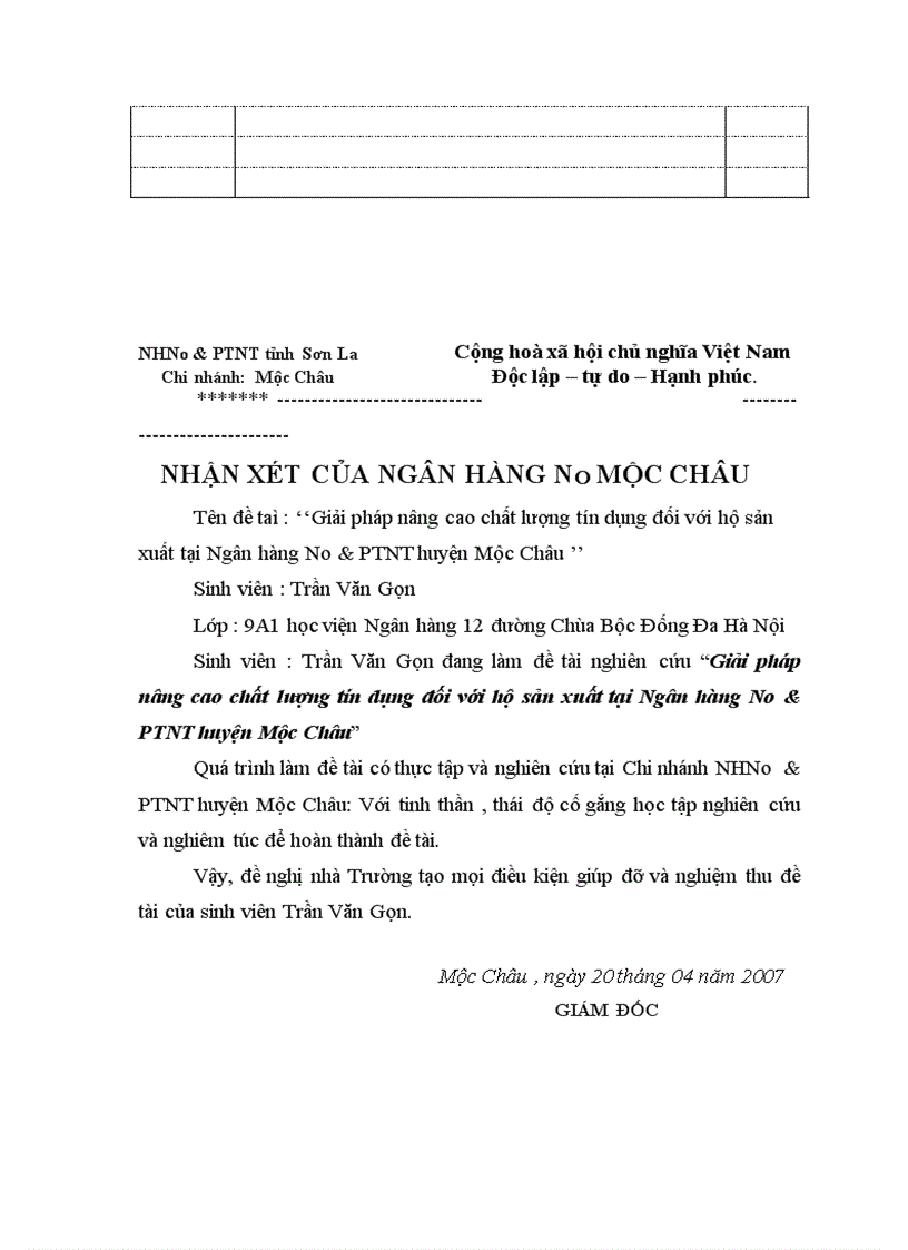 image for page Giải pháp nâng cao chất lượng tín dụng đối với hộ sản xuất tại Ngân hàng No PTNT huyện Mộc Châu 1
