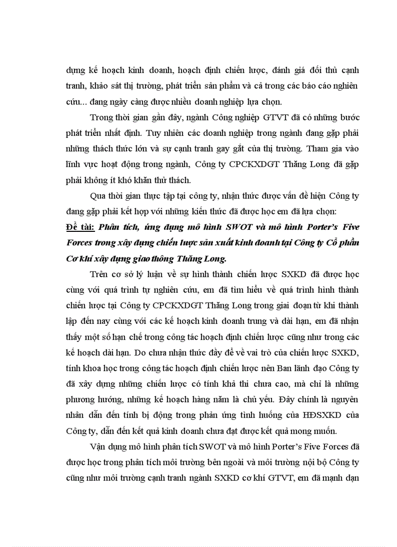 image for page Phân tích ứng dụng mô hình SWOT và mô hình Porter s Five Forces trong xây dựng chiến lược sản xuất kinh doanh tại Công ty Cổ phần Cơ khí xây dựng giao thông Thăng Long