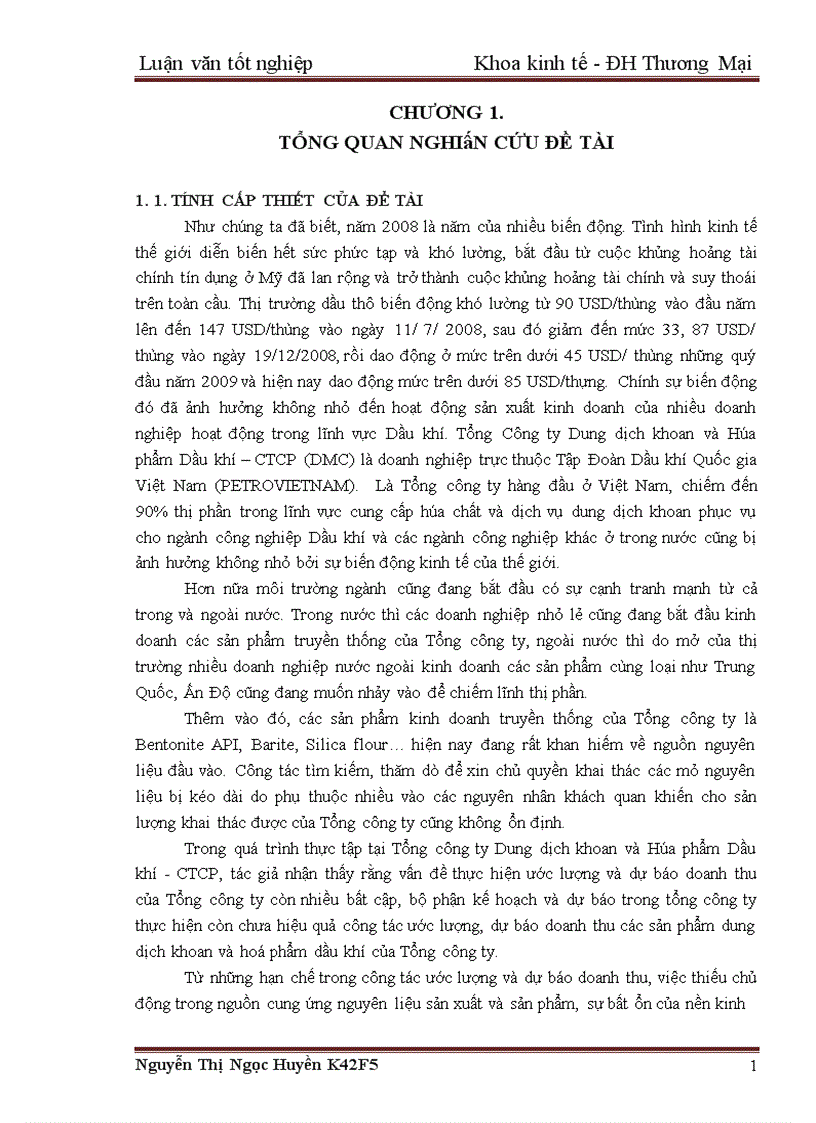 Ước lượng và Dự báo doanh thu của Tổng công ty Dung dịch khoan và Hoá phẩm Dầu khí CTCP đến năm 2015 1