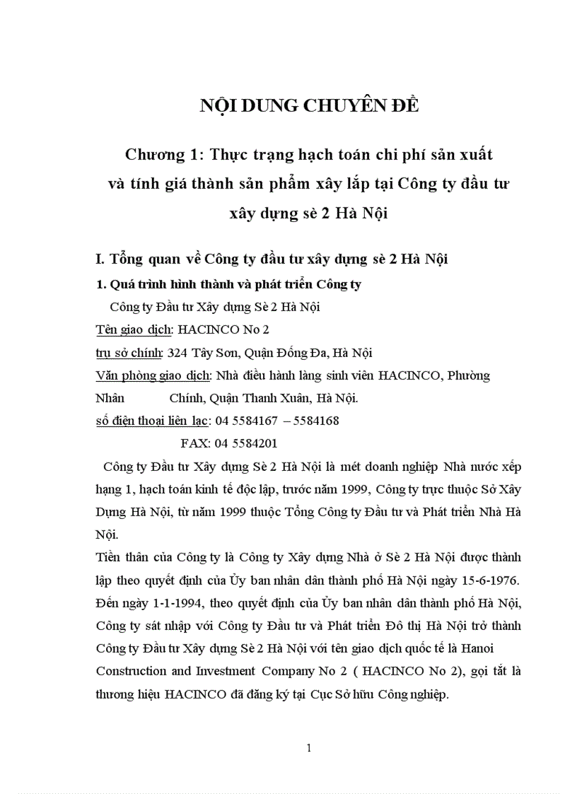 Hoàn thiện công tác kế toán chi phí sản xuất và tính giá thành sản phẩm xây lắp tại Công ty Đầu tư Xây dựng Số 2 Hà Nội 1