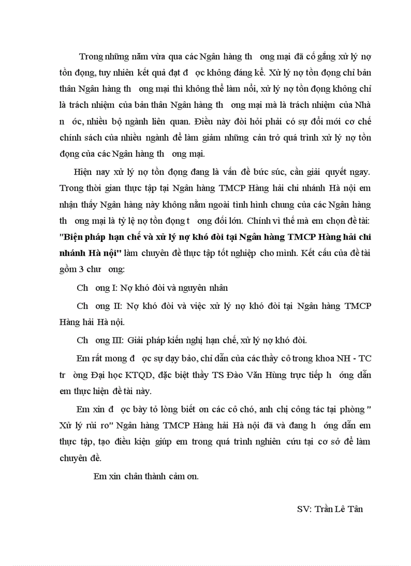 Biện pháp hạn chế và xử lý nợ khó đòi tại Ngân hàng TMCP Hàng hải chi nhánh Hà nội 1