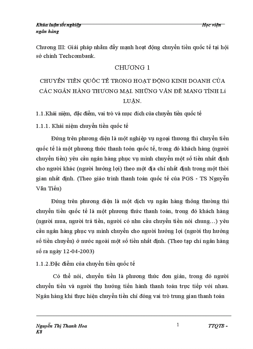 Phương thức chuyển tiền quốc tế tại ngân hàng thương mại cổ phần kỹ thương Việt Nam Thực trạng và giải pháp