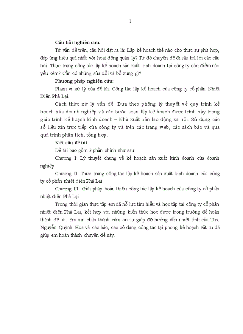 Hoàn thiện công tác lập kế hoạch sản xuất kinh doanh tại công ty cổ phần nhiệt điện Phả Lại 1