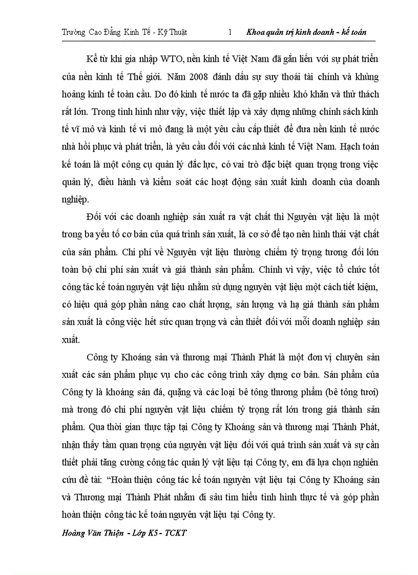image for page Hoàn thiện công tác kế toán nguyên vật liệu tại Công ty Khoáng sản và thương mại Thành Phát