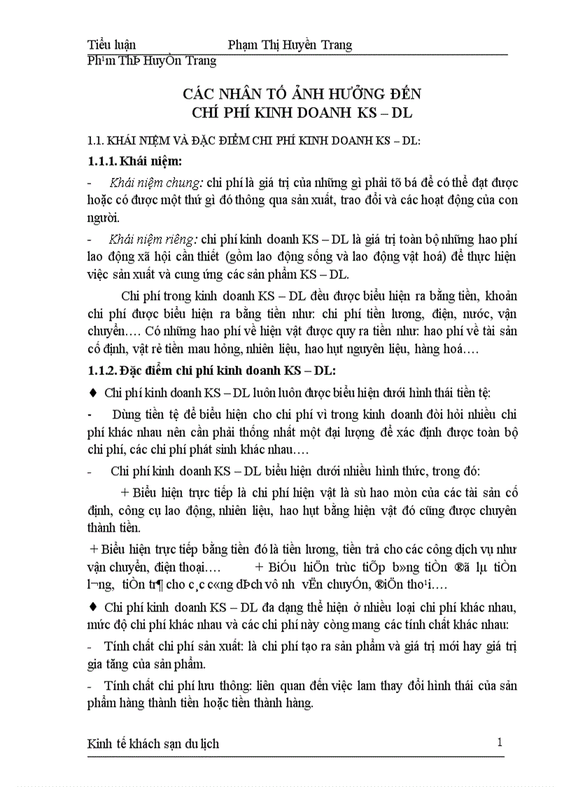 các nhân tố ảnh hưởng đến chi phí kinh doanh KS DL và các biện pháp tiết kiệm chi phí trong các doanh nghiệp KS DL ở nước ta hiện nay 1