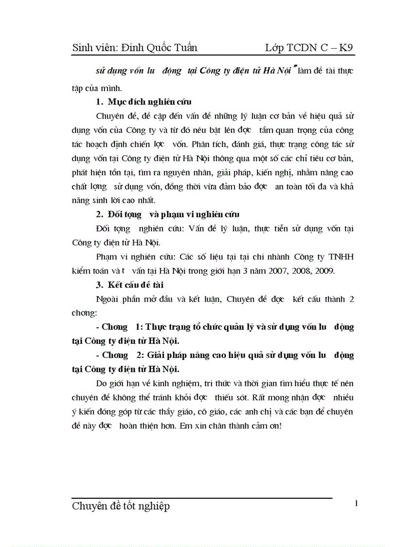 Một số giải pháp nâng cao hiệu quả sử dụng vốn lưu động tại Công ty điện tử Hà Nội 1