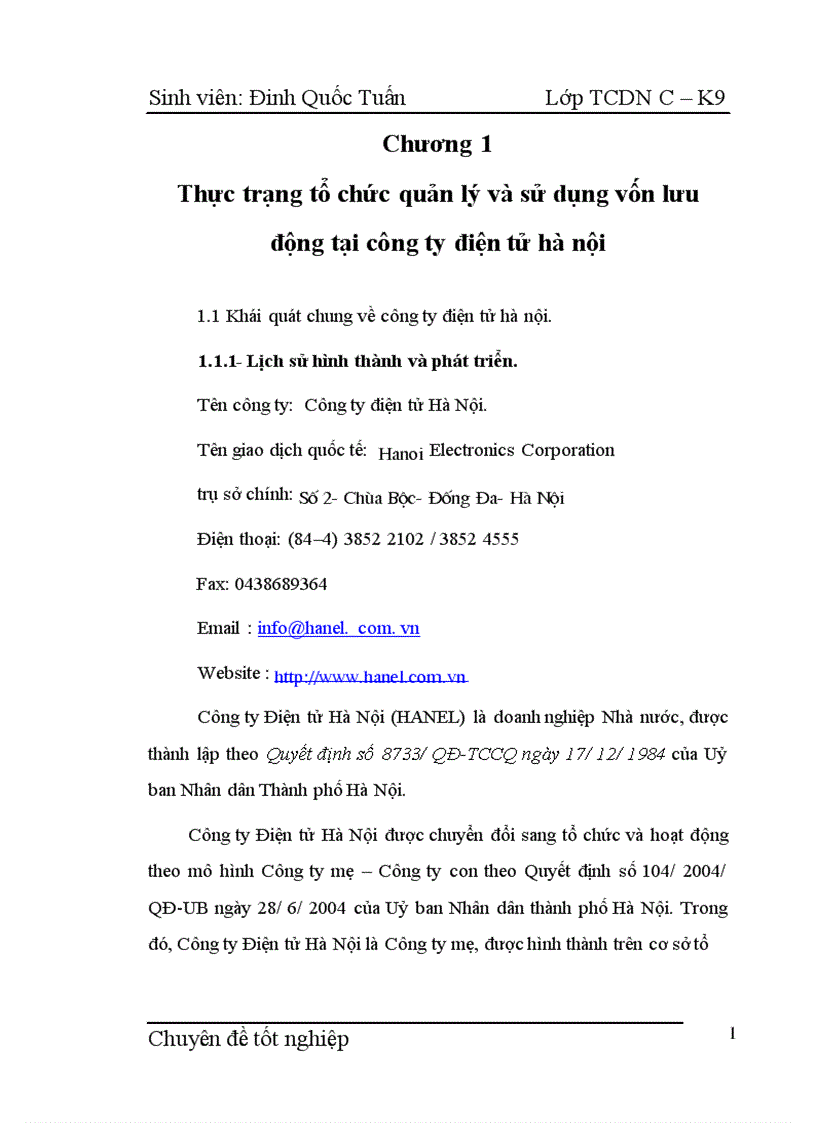 Một số giải pháp nâng cao hiệu quả sử dụng vốn lưu động tại Công ty điện tử Hà Nội 1