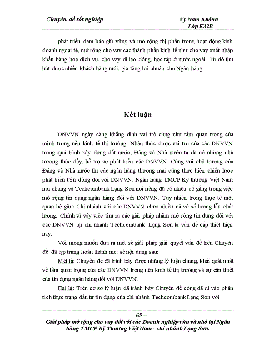 image for page Giải pháp mở rộng cho vay đối với các doanh nghiệp vừa và nhỏ tại Ngân hàng TMCP Kỹ thương Việt Nam Chi nhánh Lạng Sơn 1