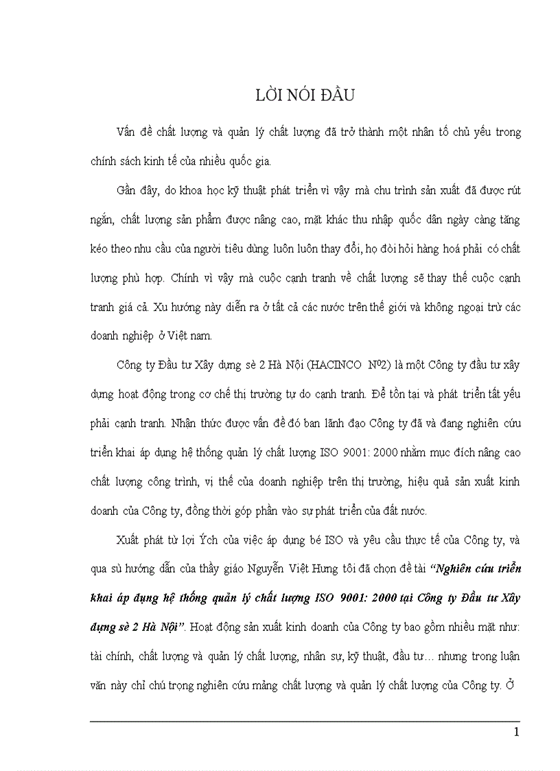 Nghiên cứu triển khai áp dụng hệ thống quản lý chất lượng ISO 9001 2000 tại Công ty Đầu tư Xây dựng số 2 Hà Nội