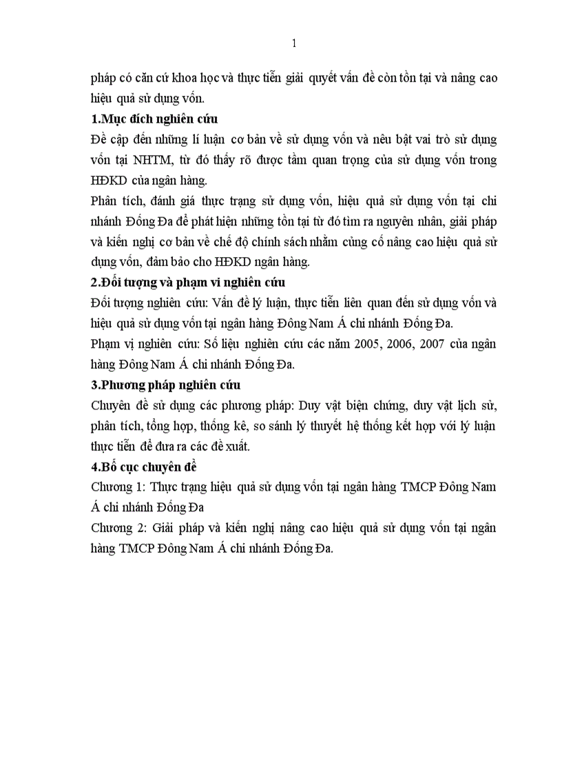 Một số giải pháp chủ yếu nhằm nâng cao hiệu quả sử dụng vốn tại ngân hàng TMCP Đông Nam Á chi nhánh Đống Đa 1