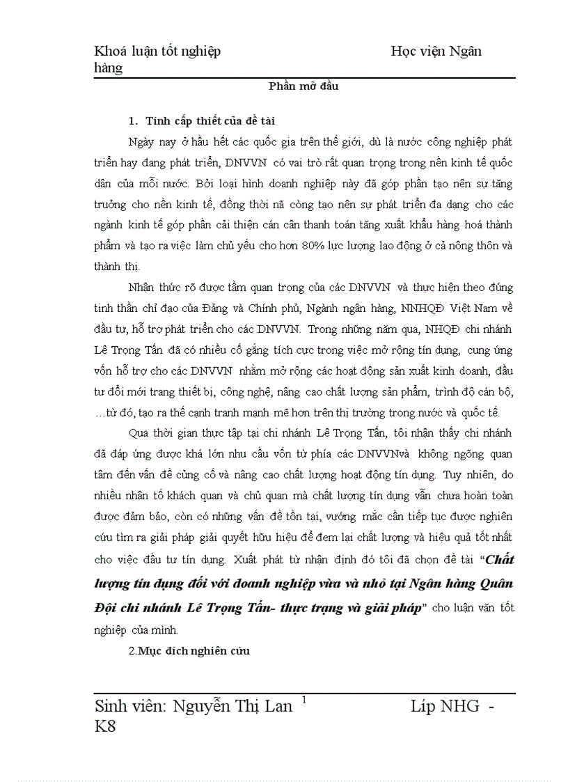 Chất lượng tín dụng đối với doanh nghiệp vừa và nhỏ tại Ngân hàng Quân Đội chi nhánh Lê Trọng Tấn thực trạng và giải pháp 1