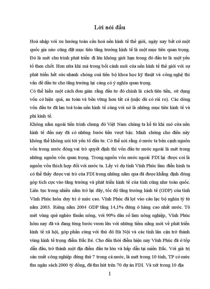 Tình hình đầu tư trực tiếp nước ngoài FDI tại tỉnh Vĩnh Phúc thực trạng và giải pháp 1