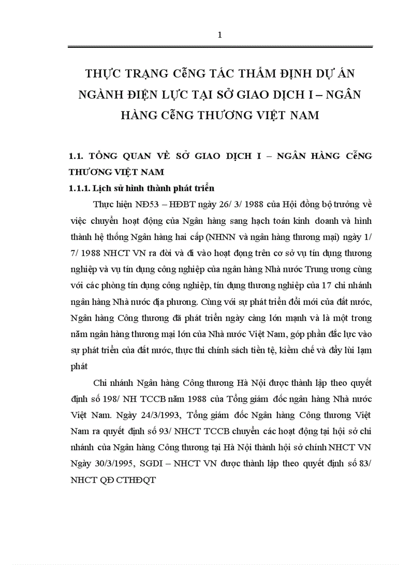 Thực trạng công tác thẩm định dự án ngành điện lực tại sở giao dịch i ngân hàng công thương việt nam
