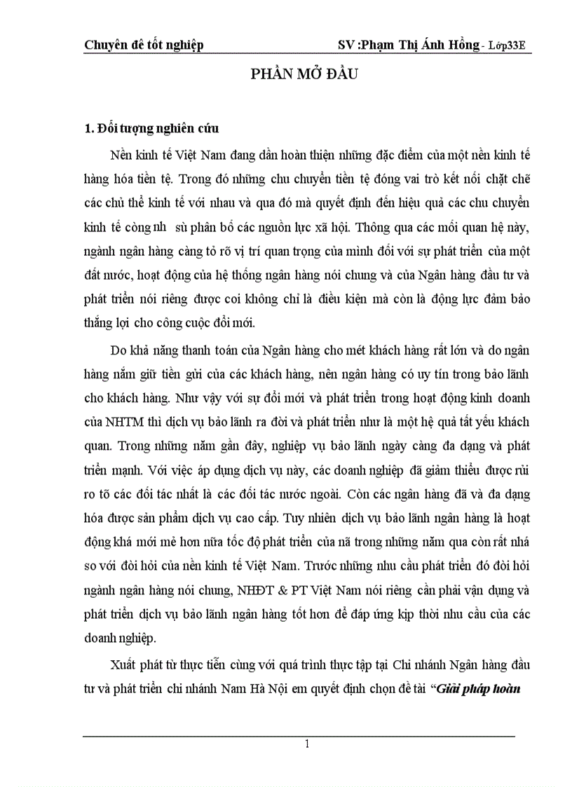 Giải pháp hoàn thiện dịch vụ bảo lãnh tại chi nhánh NHĐT PT Nam Hà Nội 1