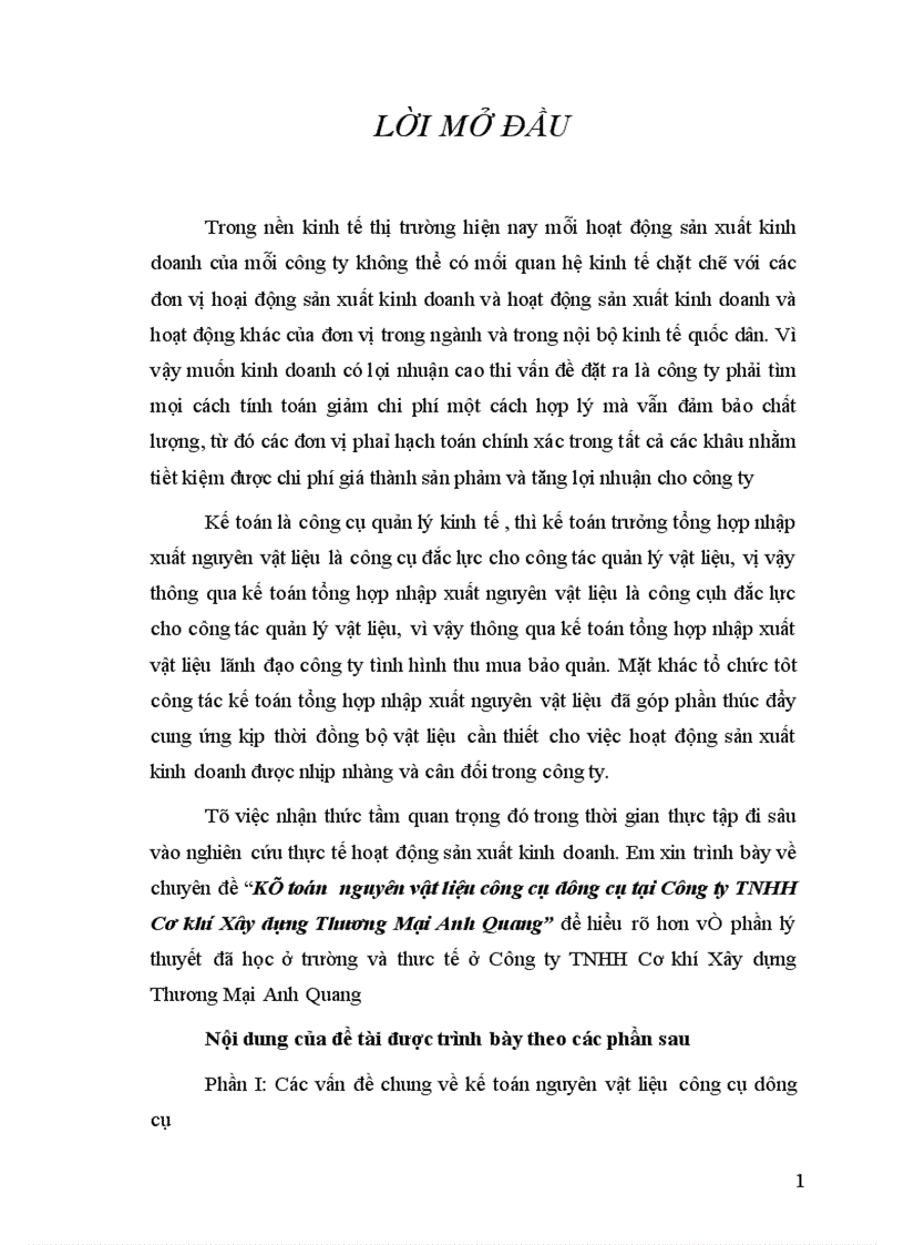 Kế toán nguyên vật liệu công cụ dụng cụ tại Công ty TNHH Cơ khí Xây dựng Thương Mại Anh Quang 1
