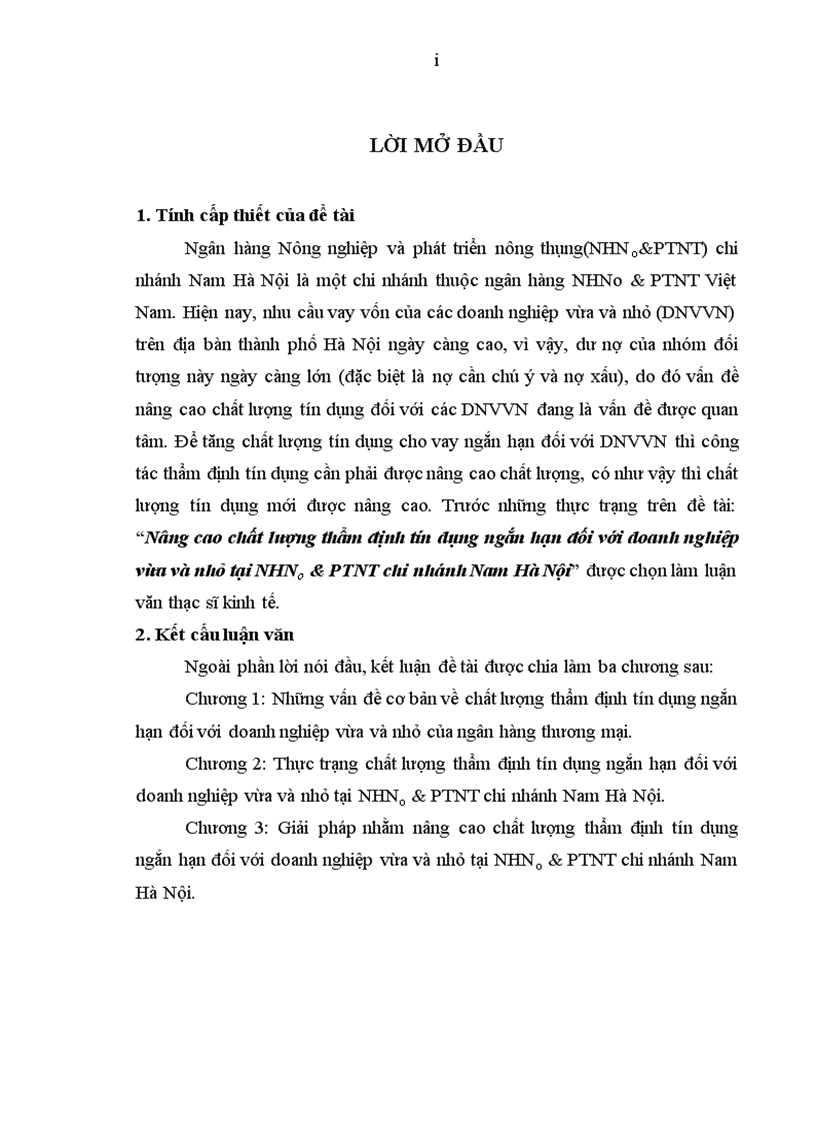 image for page Nâng cao chất lượng thẩm định tín dụng ngắn hạn đối với doanh nghiệp vừa và nhỏ tại nhno ptnt chi nhánh nam Hà Nội
