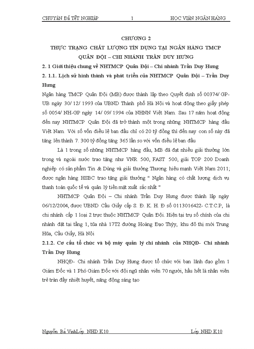 image for page Chất lượng tín dụng ngân hàng hiện trạng và giải pháp nâng cao chất lượng tín dụng tại NHTMCP Quân đội chi nhánh Trần Duy Hưng 1