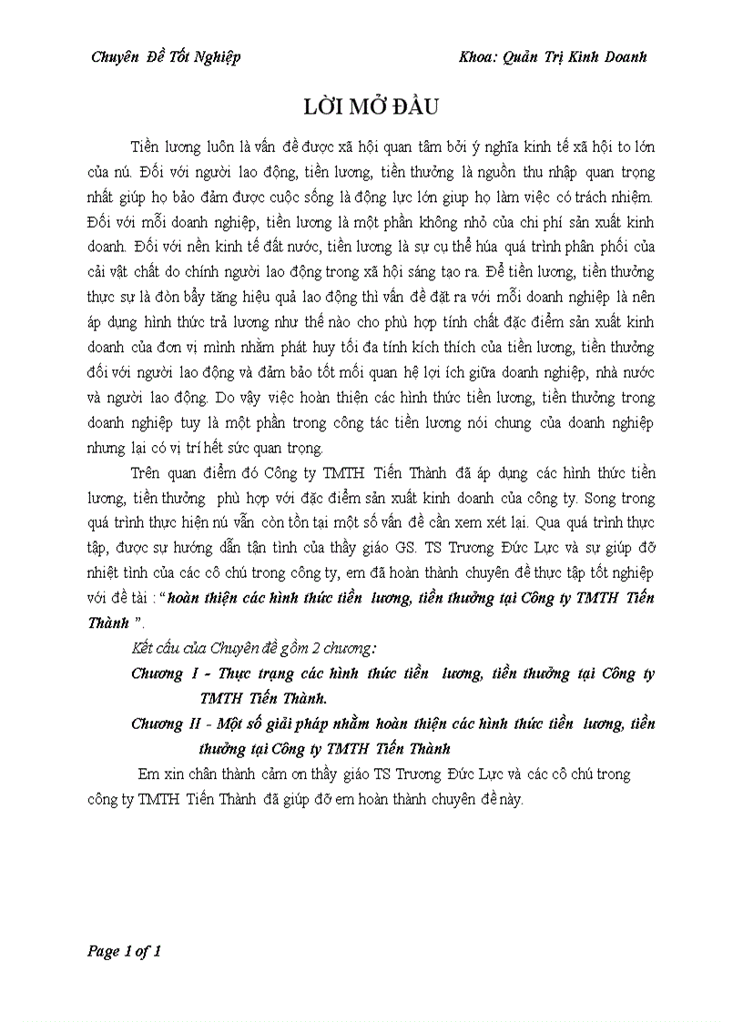 image for page Hoàn thiện các hình thức tiền lương tiền thưởng tại Công ty TMTH Tiến Thành