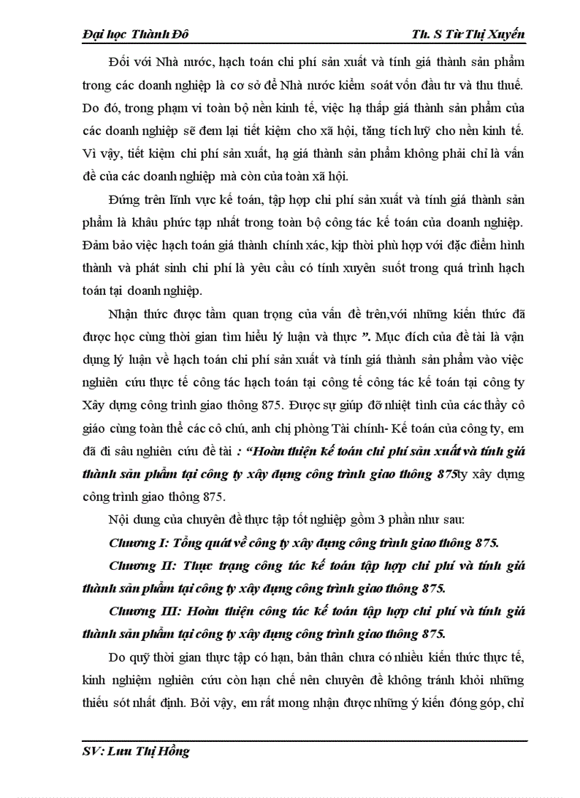 Hoàn thiện kế toán chi phí sản xuất và tính giá thành sản phẩm tại công ty xây dựng công trình giao thông 875 1