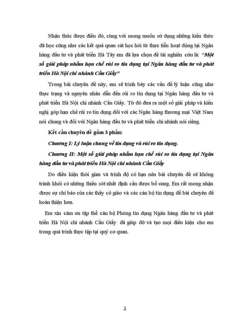 Một số giải pháp nhằm hạn chế rủi ro tín dụng tại Ngân hàng đầu tư và phát triển Hà Nội chi nhánh Cầu Giấy