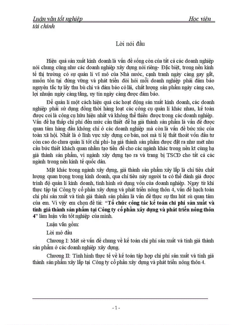 Tổ chức công tác kế toán chi phí sản xuất và tính giá thành sản phẩm tại Công ty cổ phần xây dựng và phát triển nông thôn 4 1