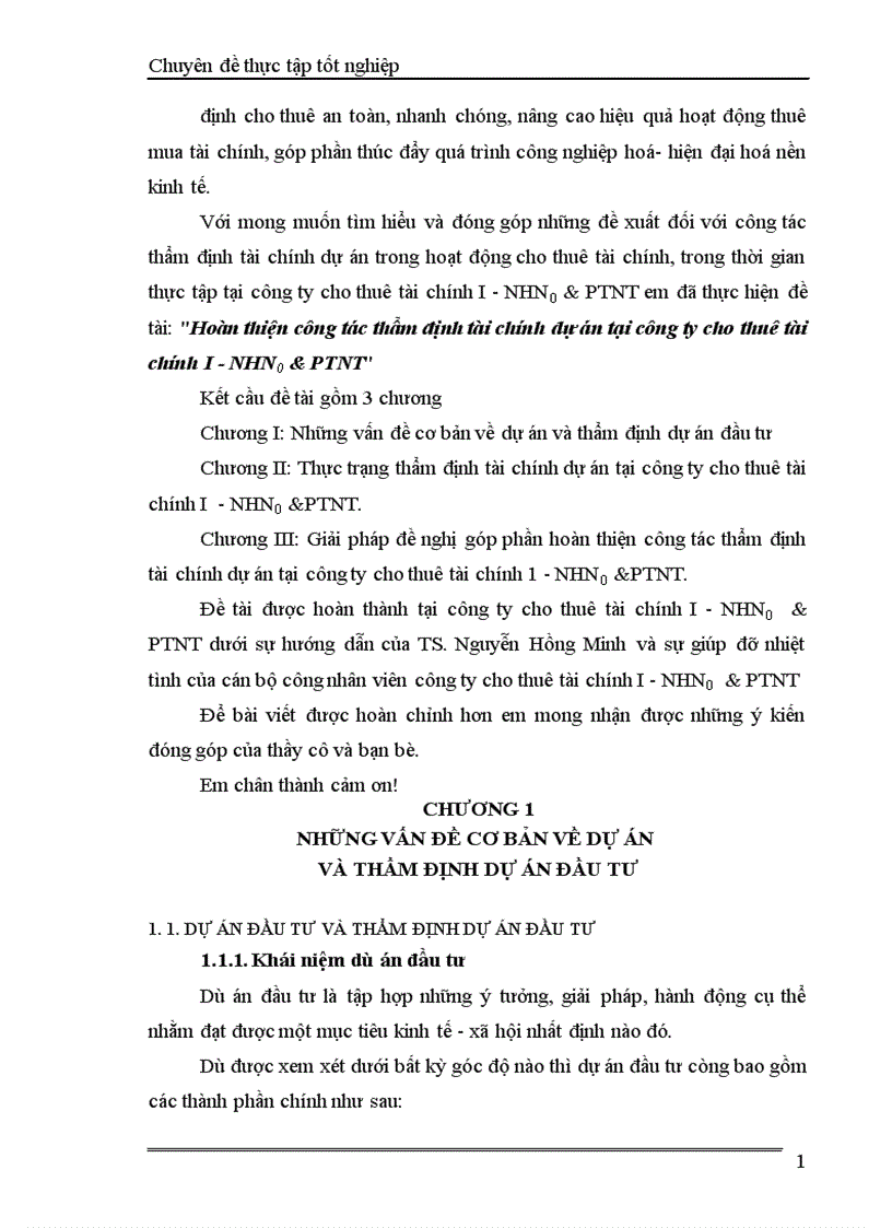 Hoàn thiện công tác thẩm định tài chính dự án tại công ty cho thuê tài chính I NHN0 PTNT 1