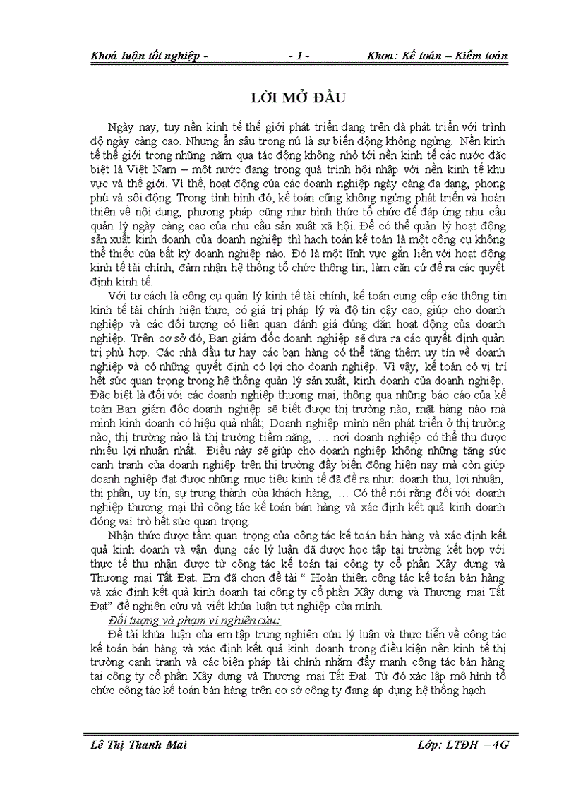Hoàn thiện công tác kế toán bán hàng và xác định kết quả kinh doanh tại công ty cổ phần Xây dựng và Thương mại Tất Đạt 1