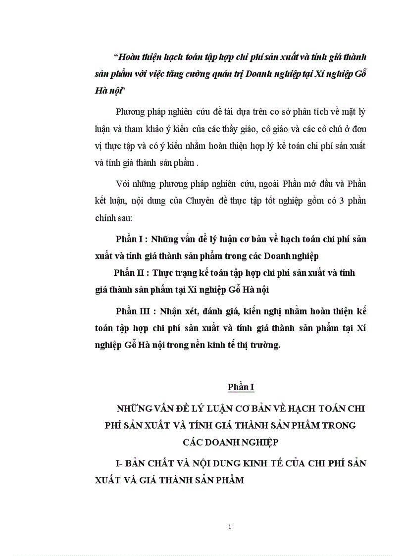 Hoàn thiện hạch toán tập hợp chi phí sản xuất và tính giá thành sản phẩm với việc tăng cường quản trị Doanh nghiệp tại Xí nghiệp Gỗ Hà nội 1