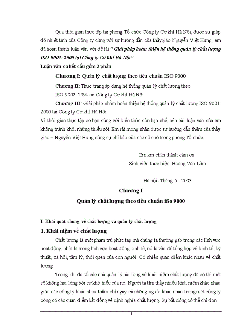 Giải pháp hoàn thiện hệ thống quản lý chất lượng ISO 9001 2000 tại Công ty Cơ khí Hà Nội 1