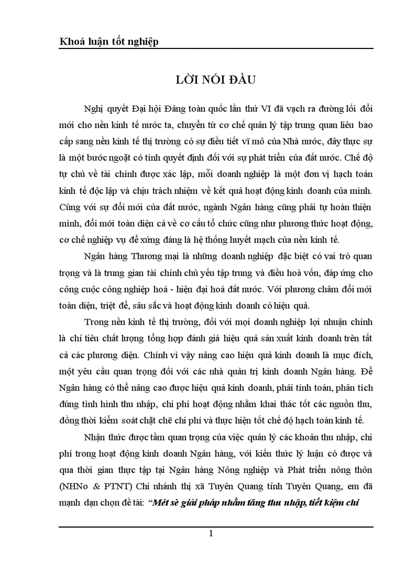 image for page Một số giải pháp nhằm tăng thu nhập tiết kiệm chi phí nâng cao hiệu quả kinh doanh tại NHNo PTNT Chi nhánh thị xã Tuyên Quang tỉnh Tuyên Quang 1